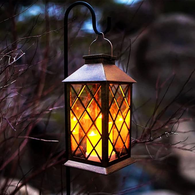 Solar Outdoor Lantern, Garden Hanging Waterproof Lanterns PVC Upgrade 3 LED Flickering Flameless Candle Decorative for Garden Women Mom Grandma Halloween Gifts (Grid Candle)