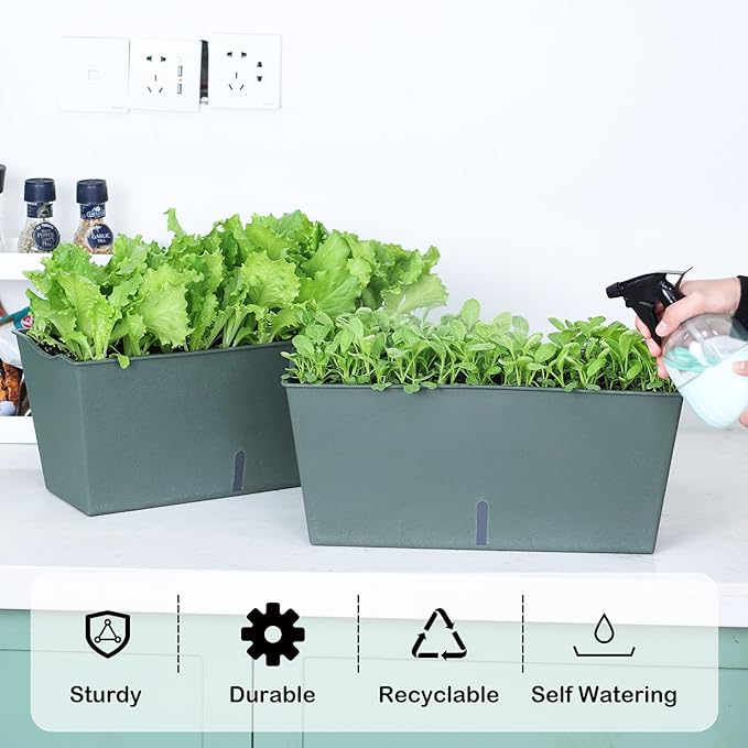 Window Box Planter 6 Pcs, 16.5 Inches Self Watering Rectangle Flower Plant Pots with Drainage Holes Trays, Vegetable Planters for Windowsill Patio Garden Balcony Porch Yard (Dark Green)