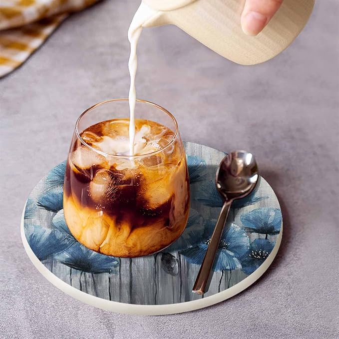 Blue Art Poppy Flowers Anti Slip Coasters Watercolor Oil Painting Beautiful Floral Cups Place Mats for Table Home Decor 4 Inches Living Room Kitchen Coffee Table,2 Pcs