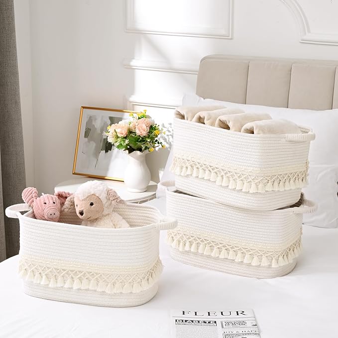 2 Pack Storage Basket for Shelves, Boho Cotton Rope Storage Bins with Heavy Tassel, Shelf Baskets Large Woven Baskets for Organizing, Cube Organizer Bins, Baby Laundry Basket for Clothes, Toys, Pets