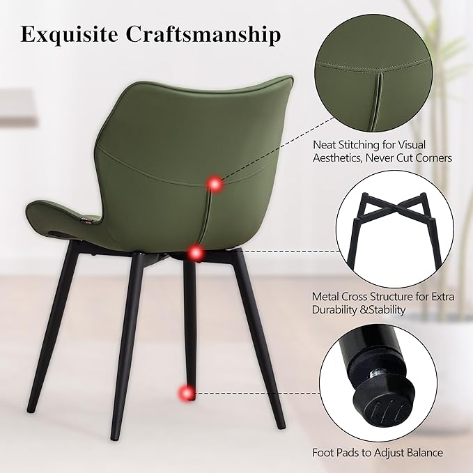 YOUNIKE Dining Chairs Set of 2, Upholstered Faux Leather Kitchen Dining Room Chairs, Modern Living Room Bedroom Side Chairs with Wide Curved Back and Metal Legs, Olive Green