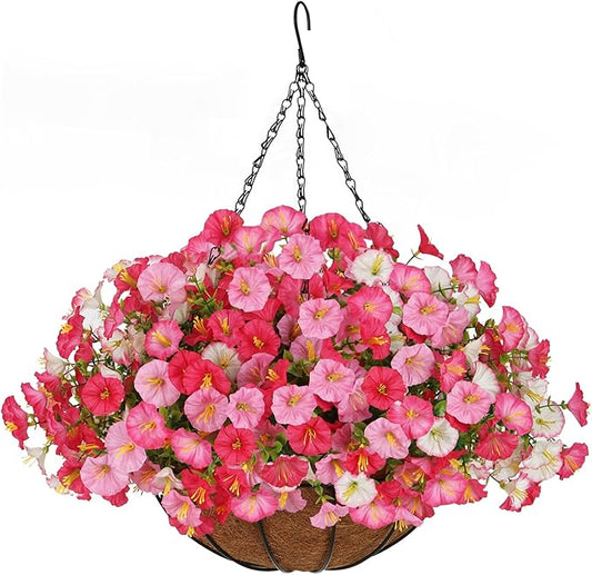 Artificial Hanging Faux Flowers Basket, Fake Silk Petunias Plants Arrangement,for Spring Summer Outdoor Decoration,UV Resistant, Morning Glorias,for Home Garden Decor (Dark Pink&White)
