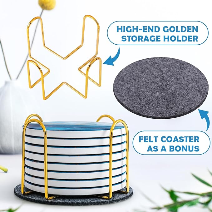 GOH DODD Coasters for Drinks Set of 8, Absorbent Marble Style Ceramic Coaster Tabletop Protection Home Decor with Metal Holder for Coffee Table, Housewarming Gifts Wedding Party, Blue, Round, 4 Inches