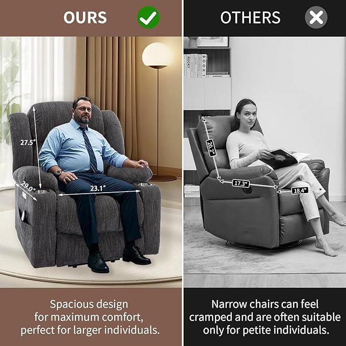 Power Lift Recliner Chair, 350lb Capacity with 8-Point Massage & Heating, USB/Type-C Ports & Cup Holders, Heavy Duty Chenille Recliner for Elderly, Grey