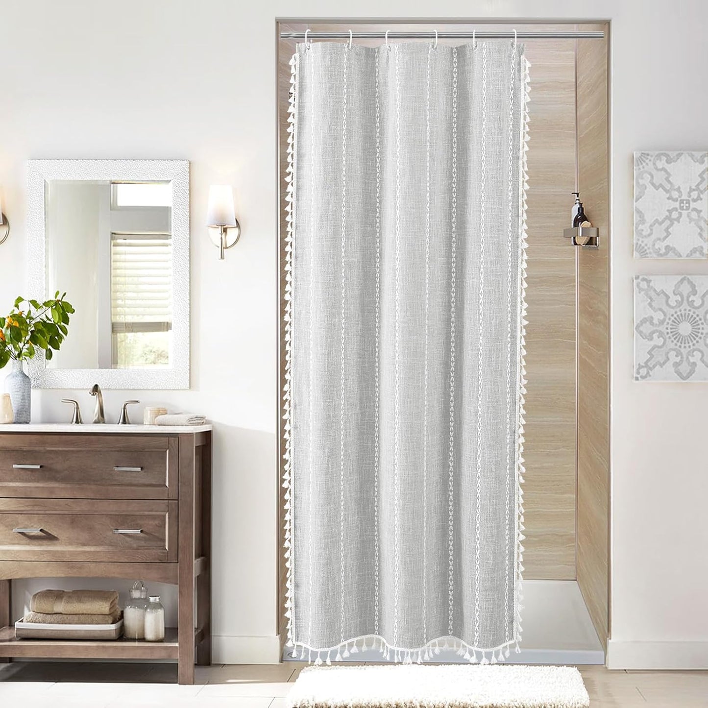MitoVilla Grey Boho Farmhouse Small Stall Shower Curtain Set 36 x 72, Half Size Narrow Polyester Linen Fabric Shower Curtains for Farmhouse Bathroom Decor, Light Grey