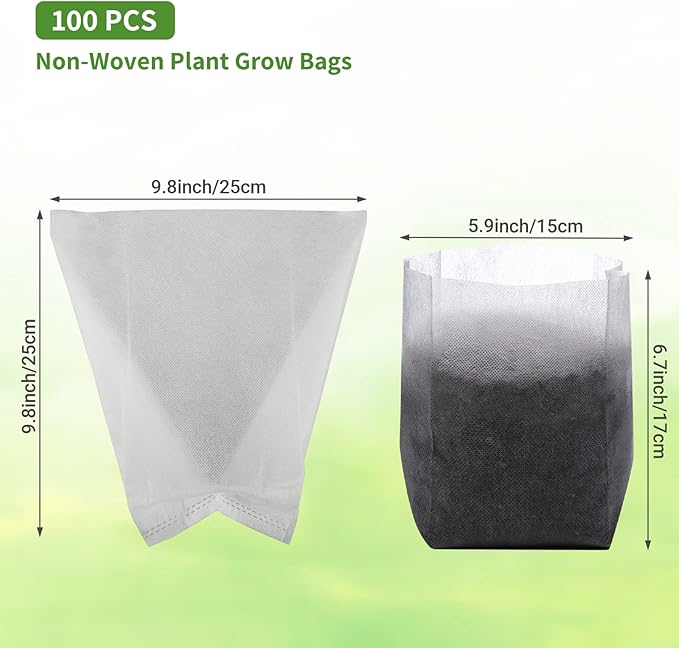 GREANER 100pcs Biodegradable Nursery Bags, 9 x 9inch Seed Planting Bags, Planting Seed Starting Pots Pouches, Standable Pouch for Potato, Flower, Tomato Plant Starts