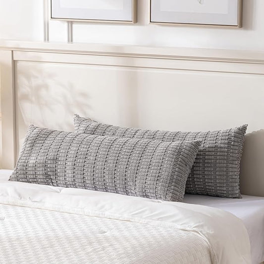 Fancy Homi 2 Packs Gray Long Lumbar Farmhouse Decorative Throw Pillow Covers 14x36 Inch for Bed Couch Bed Sofa, Rustic Boho Room Decor, Soft Striped Corduroy Rectangle Cushion Case 35x91 cm
