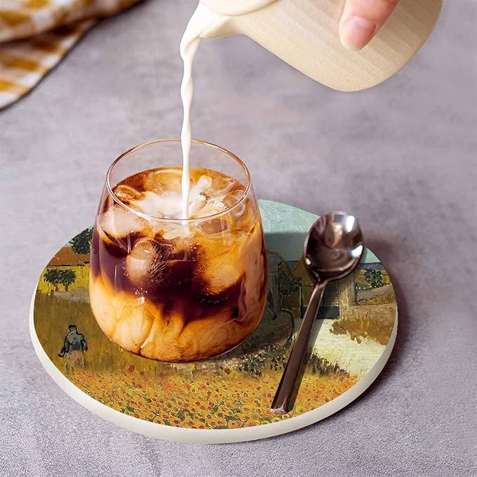 Farmhouse Coasters for Drinks 2 Pack Harvest Season Oil Painting House Farm Village Life with Sunflower Tabletop Protection Kitchen and Coffee Table Décor & Accessories,Set of 2