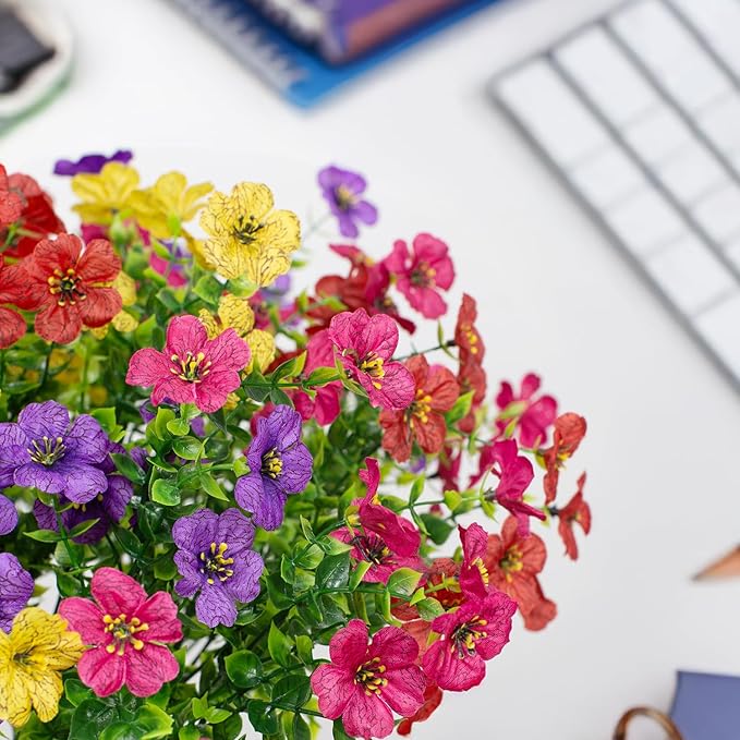 16 Bundles Artificial Flowers Outdoor Spring Summer Decoration Fake Silk Colorful Daisy Eucalyptus Realistic UV Resistant Outside Faux Plants for Garden Porch Window Box Home Decor (Purple)