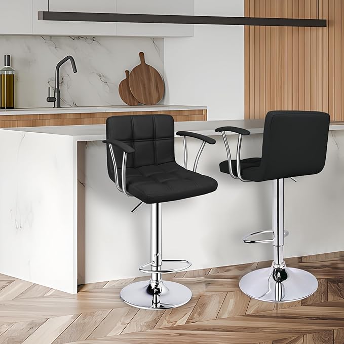 Bar Stools Set of 2,Armrest Adjustable Swivel Barstools with Back,Double Needle PU Leather Counter Height Bar Stools for Kitchen Island, Black