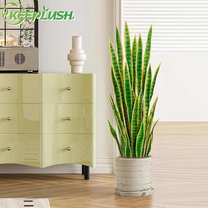 4ft Artificial Snake Plant – 46in Faux Sansevieria Plants, Fake Floor Plant for Indoor Outdoor, Front Porch Patio Home Office Decor, Mother-in-Law’s Tongue, Yellow 1Pcs