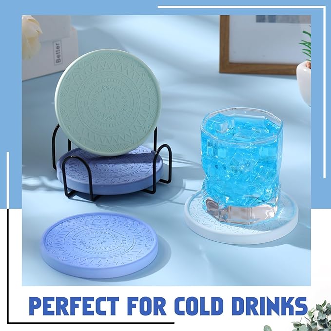 Photect Diatomaceous Earth Coasters Set with Holder Absorbent Stone Drink Coasters Instant Drying Tray for Tabletop Protection Home Decoration Housewarming Gift(Blue,4 Pcs)