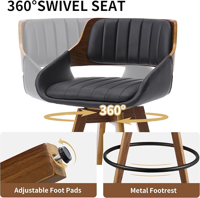 Swivel Bar Stools Set of 2, Walnut Counter Height Bar Stools with Back and Arms, 26" Modern Faux Leather Upholstered Bar Chairs for Kitchen Island Bar-Black
