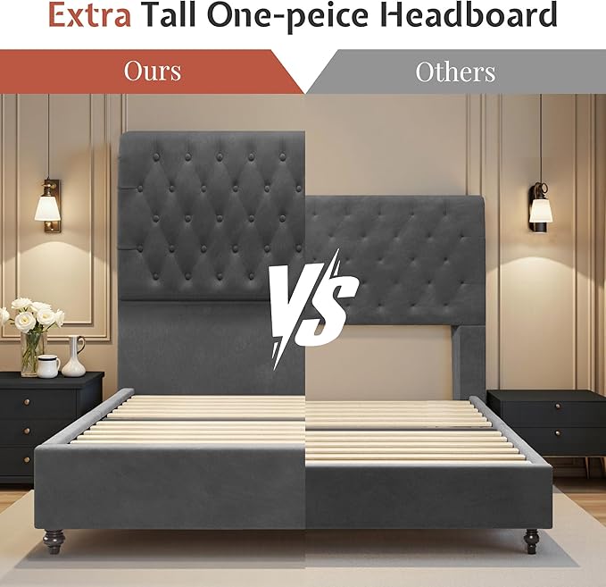 Jocisland Queen Bed Frame with 53" Tall Headboard, Velvet Upholstered Platform Sleigh Bed with Button Tufted, Solid Wood Legs, No Box Spring Needed, Easy Assembly, Dark Gray