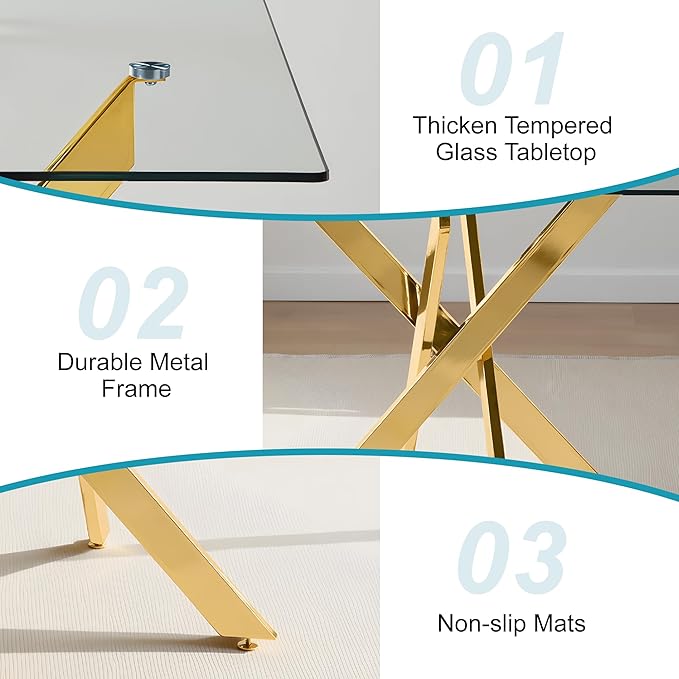 Dining Table for 4 Modern 35.43" Rectangular Glass Dining Table Kitchen & Dining Room Tables with Metal Base for Dining Room and Apartment, Golden