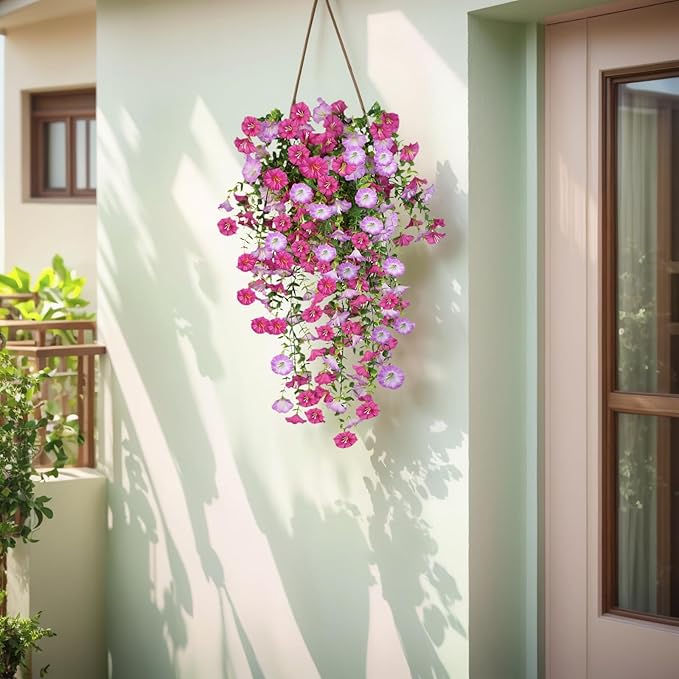 7 Color Mix Artificial Hanging Flowers for Outdoor, 8 Pcs Fake Silk Petunias Plants Arrangement, for Spring Summer Outdoor Decoration, UV Resistant, Morning Glorias,for Home Garden Decor (PinkPurple)