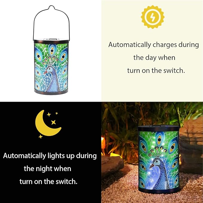 Afirst Hanging Solar Lantern Outdoor Glass Peacock Lights Waterproof LED Lamp for Garden Yard Tree Desk Decor