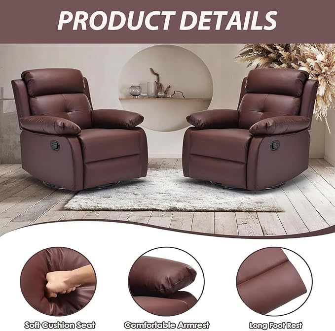 Swivel Rocker Recliner, 360 Swivel Small Recliners with 30 Degree, 90-150 Degree Angle, Faux Leather Lift Chair for Home Theater Seating, Adults, Living Room, Bedroom, Brown