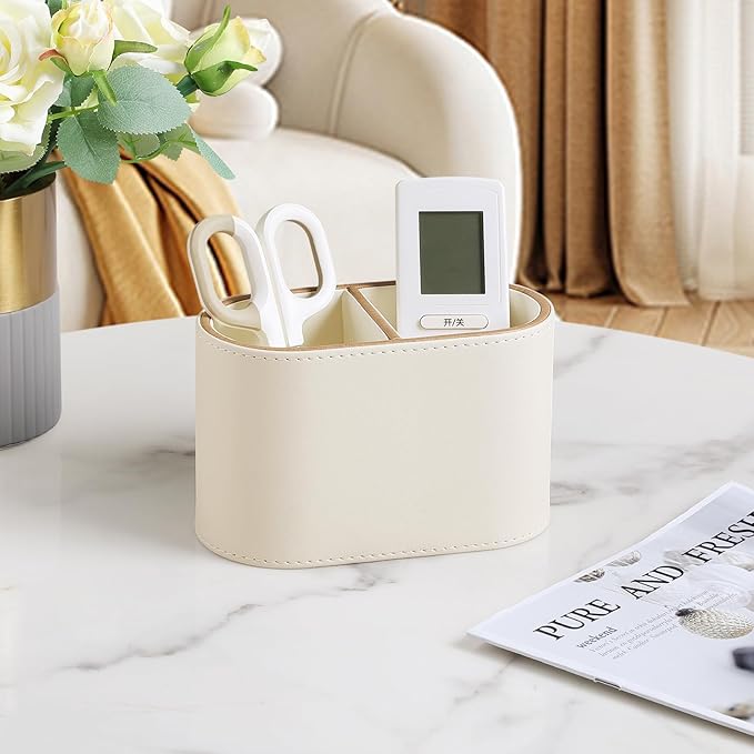 PU Leather Pen Holder for Desk, Small Remote Control Holder Pencil Cup Multifunctional Desktop Organizer Caddy for Home School Office Desk Accessories - 2 Compartments (Beige)