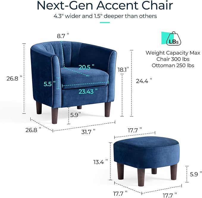 LINSY Accent Chair with Ottoman, Modern Armchair Comfy Barrel Reading Chair with Footrest for Living Room Bedroom Reading Room, Velvet, Blue