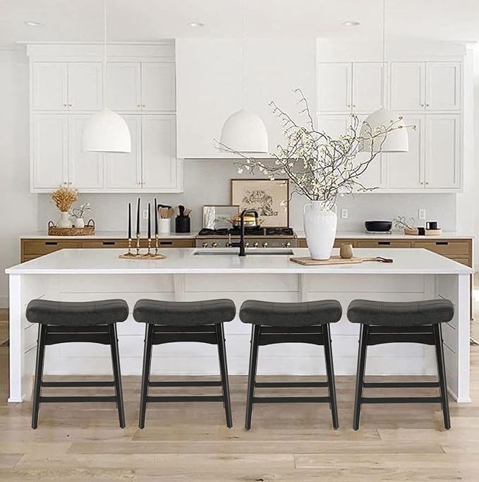 PHI VILLA Counter Height Bar Stools Set of 4 - Farmhouse Barstools with Upholstered Saddle Seat and Solid Wood Legs, Kitchen Counter Island Stools