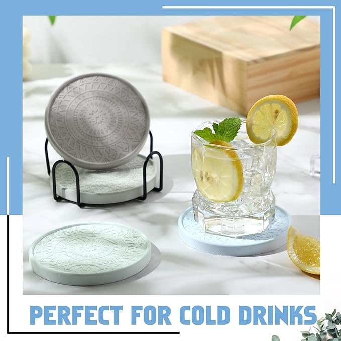 Photect Diatomaceous Earth Coasters Set with Holder Absorbent Stone Drink Coasters Instant Drying Tray for Tabletop Protection Home Decoration Housewarming Gift(Green,4 Pcs)