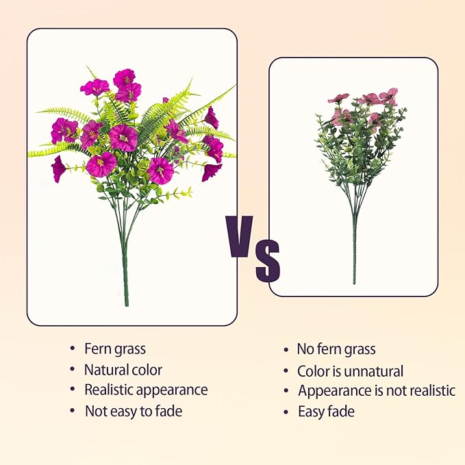 Artificial Flowers Outdoors 12 Bundles Artificial Petunias Fake Flowers UV Resistant Shrubs Plants with Fern for Indoor Outside Hanging Planters Home Garden Summer Decorations (Magenta)