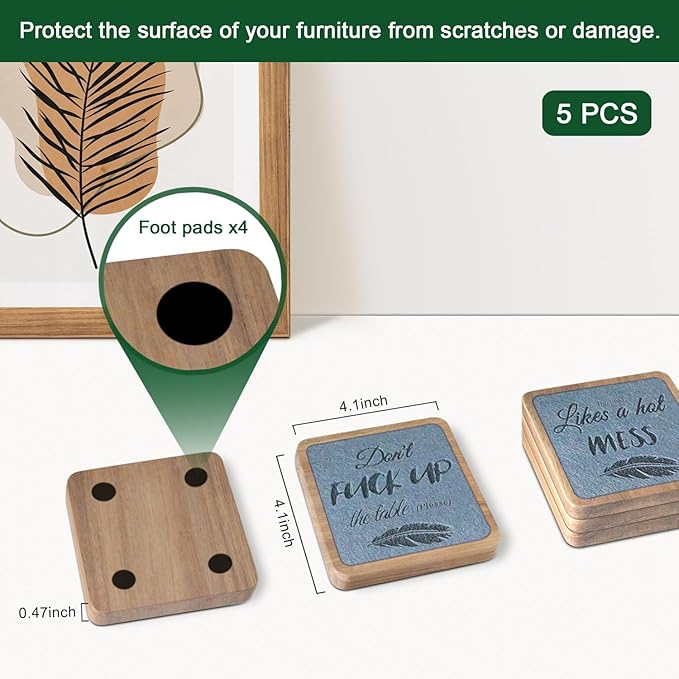 Wooden Coasters for Drinks, EDEGG Absorbent Coaster Sets of 5, Square Drinks Coasters for Coffee Tabletop Protection, Non-Slip, Non-Stick, Suitable for Kinds of Cups, Hot or Cold Drink 4.1 Inches Gray