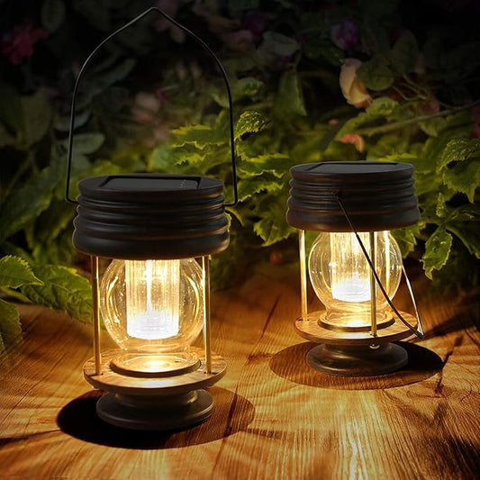 pearlstar Solar Lanterns Outdoor Waterproof Hanging Solar Lights with Handle for Garden Patio Yard Backyard Pathway Porch Driveway Decoration, Outside Table Lamp,2 Pack 5.5" H (Warm White)