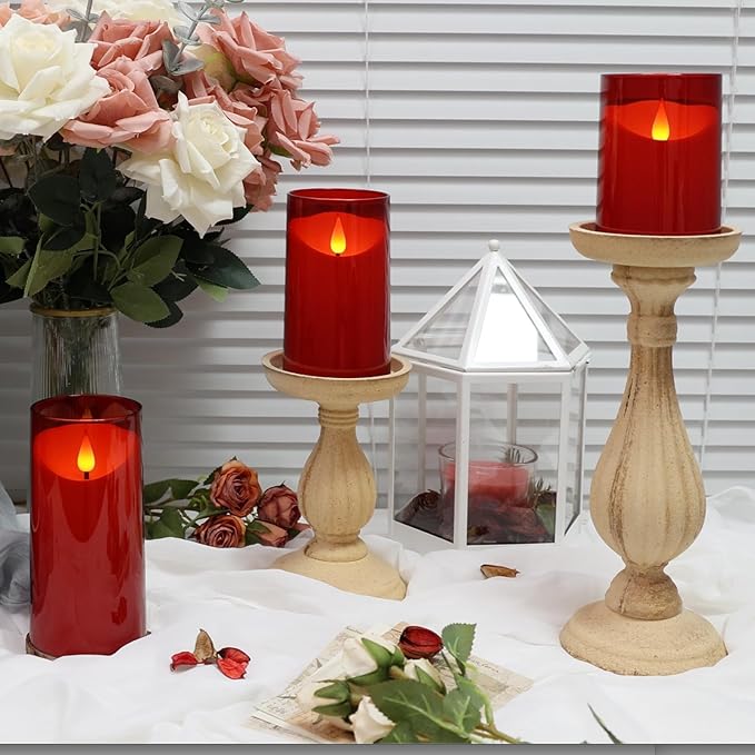 NURADA Flameless Candles with Remote Timer: 3D Wick Battery Operated Led Pillar Fake Candle Set for Wedding Birthday Valentine's Day Christmas Decorations - Red 3 Pack