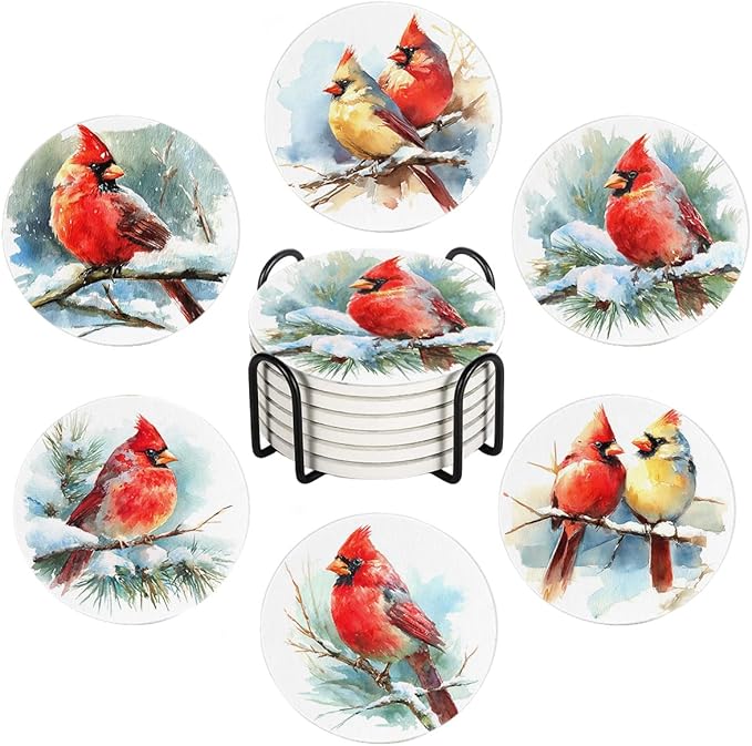 Winter Cardinal Drink Absorbent Coasters with Holder Set of 6, Ceramic Stone with Cork Base, Watercolor Bird Design Coaster for Drinks, Gift for Housewarming Room Bar Home Decor Kitchen