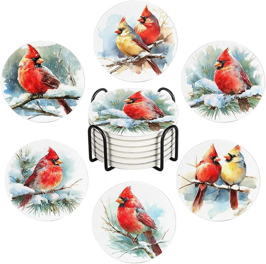 Winter Cardinal Drink Absorbent Coasters with Holder Set of 6, Ceramic Stone with Cork Base, Watercolor Bird Design Coaster for Drinks, Gift for Housewarming Room Bar Home Decor Kitchen