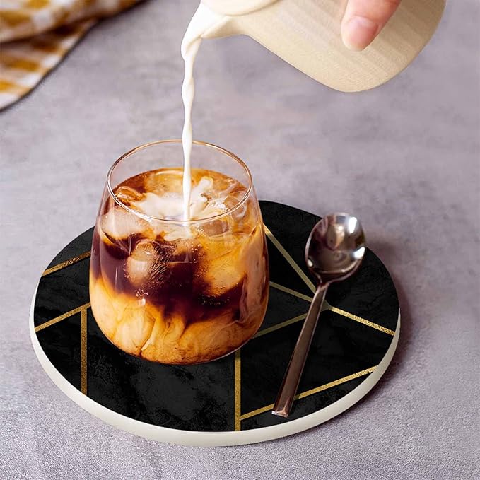 Modern Stylish Geometric Drink Coaster for Tabletop Protection Black Triangle Patchwork Collage Gold Line Luxury Polygon Non-Slip Cups Place Mats Home Decor Diatomite Material for Men Women