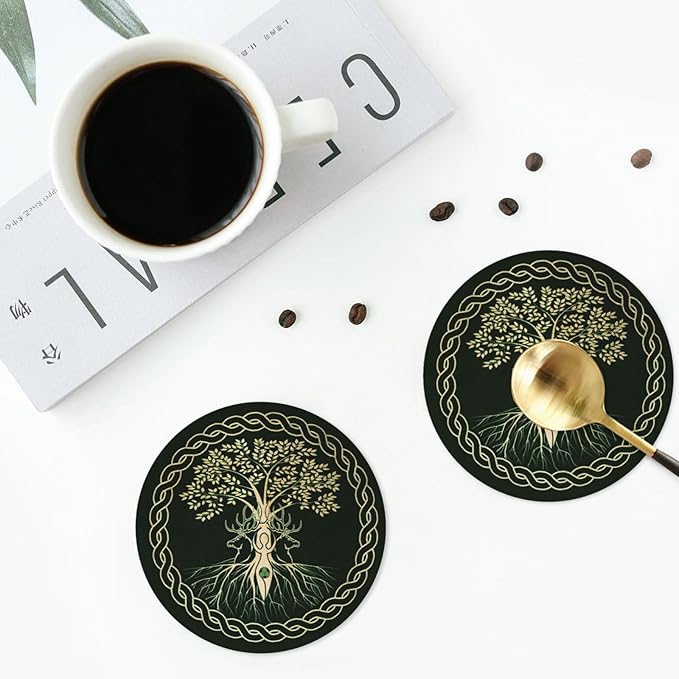 Norse Viking Wicca Yule Yggdrasil Coasters Set of 6 Coasters for Drinks Absorbent Double-Sided Leather PVC Coaster for Tabletop Protection Coffee Table Decor Ideal for Home Decor House Warming Gifts