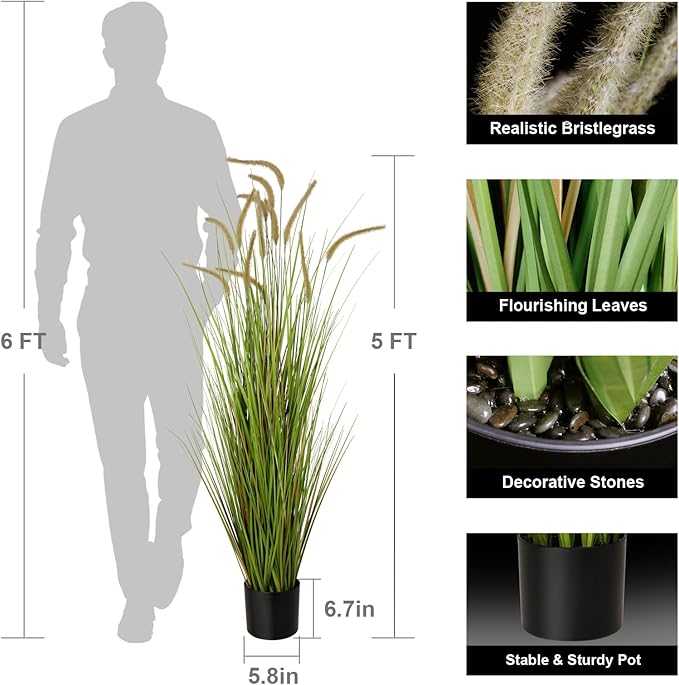 KOL Artificial 5ft Horsetail Reed Grass – 59in Tall Faux Grass Plant in Pot, Indoor Outdoor Artificial Greenery for Home, Office, Wedding & Party Decor