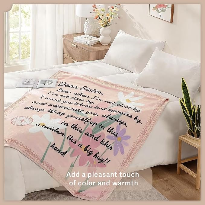 Geniospin Throw Blanket Gifts for Sister, Dear Sister Blanket for Birthday Presents, Super Soft Flannel Throw Blanket for Christmas for Couch Bed Sofa, Warm and Cozy