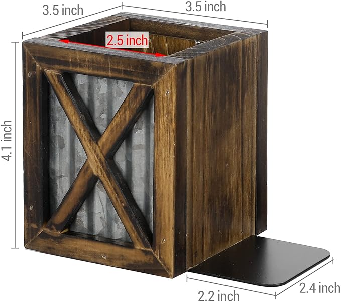MyGift Rustic Burnt Wood Decorative Bookends with Corrugated Galvanized Metal Accent, Desktop Book Ends with Pen Holder Pencil Cup Stationery Storage Bins for Home Office, Classroom, Dorm Room, 1 Pair