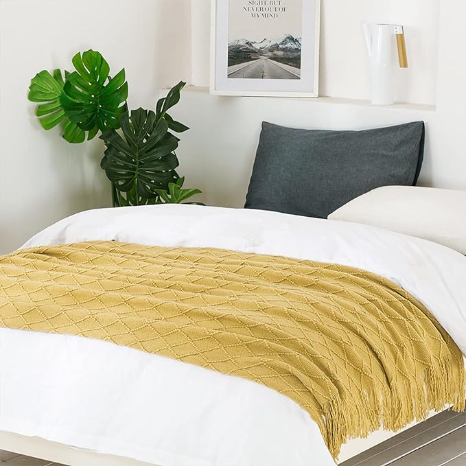 BOURINA Mustard Throw Blanket 50x60 Inches Throw Textured Solid Soft Sofa Couch Decorative Knit Blanket