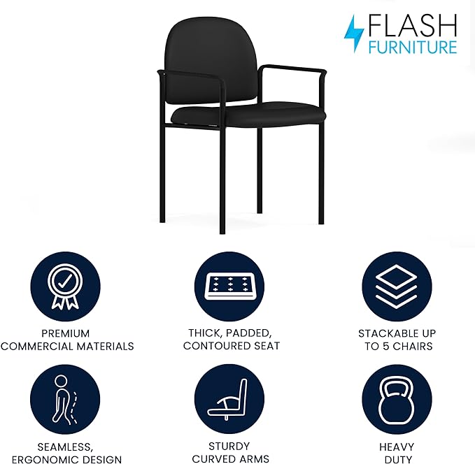 Flash Furniture Tiffany Side Reception Chair with Padded Armrests, Stackable Vinyl Waiting Room Chair for Commercial or Residential Use, Black