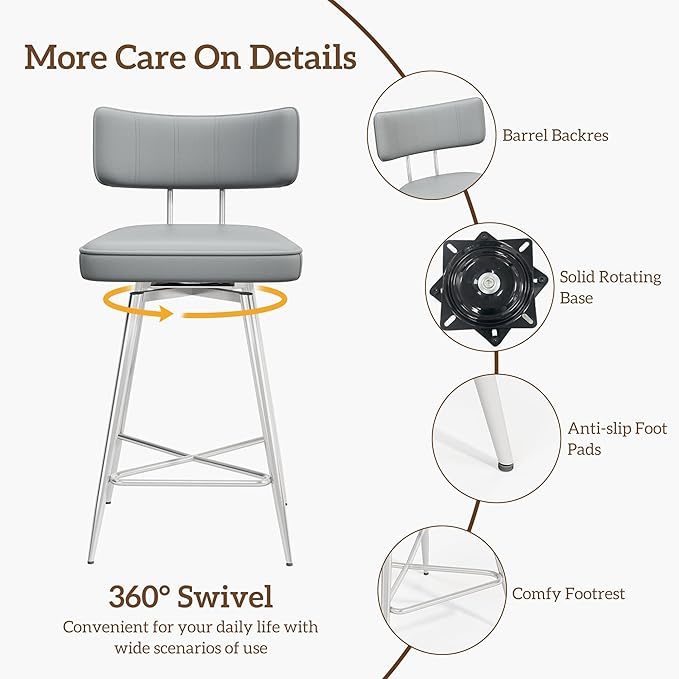 Swivel Counter Height Bar Stools Set of 2, 26" Leather Kitchen Swivel Counter Stools with Backs, Metal Legs and Footrest, Bar Chairs for Kitchen Island, Gray