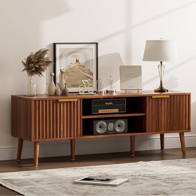 TV Stand for Living Room, Mid Century Modern Entertainment Center for 55/60/65 inch TVs, TV Console with Fluted Door Cabinets and Open Shelves, for Bedroom, Walnut
