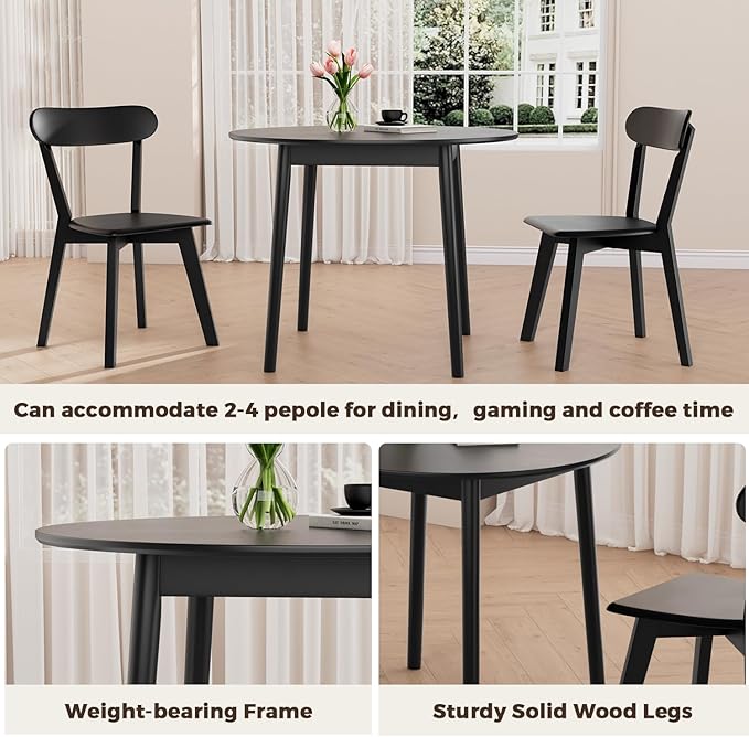 DELAVIN 31.5" Solid Wood Round Dining Table for 4, Mid Century Small Kitchen Table for 2-4, Modern Office Table for Living Room, Dining Room, Dinette, Easy Assembly, Space Saving, Black