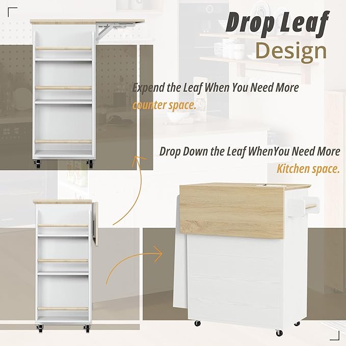 IRONCK Kitchen Island Table with Storage, Rolling Kitchen Cart with Power Outlet, Storage Cabinets on Wheels with Drop Leaf, Portable for Dining Room, White