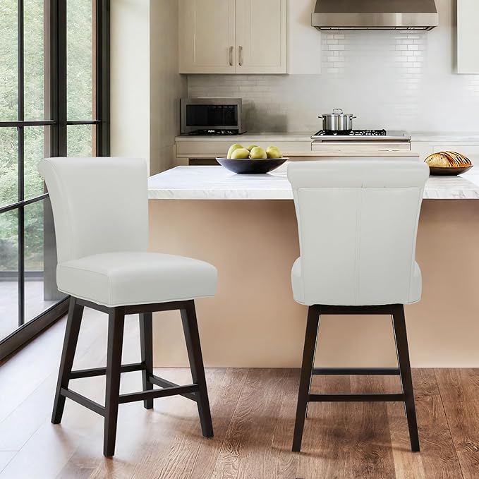 CHITA 26 Inch Counter Height Swivel Bar Stools Set of 2, FSC Certified Modern Upholstered Faux Leather Swivel Barstool Chair with Back, White