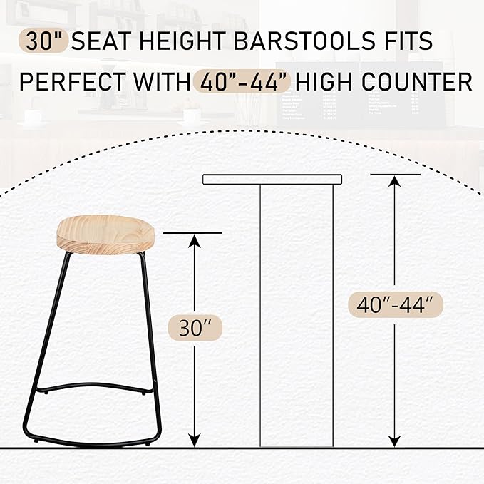HeuGah 30 Inch Bar Stools Set of 3, Wooden Stool Counter Height Saddle Seat Bar Stools Backless Barstool for Kitchen Island Counter High Stools with Metal Leg (Burlywood, 3 PCS 30Inch Barstool)