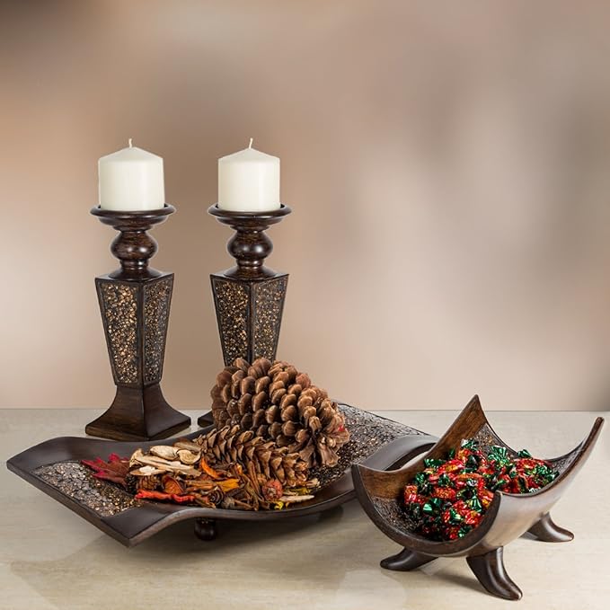 Creative Scents Schonwerk Brown Pillar Candle Holder Set of 2- Crackled Mosaic Design- Functional Table Decorations- Centerpieces for Dining/Living Room- Best Wedding Gift