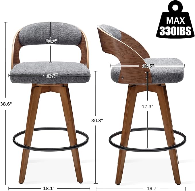 Barstools Set of 2,Bar Height Bar Stools for Kitchen Island,30.3 Inch Modern Upholstered Bar Chair, Swivel Bar Stools with Back and Wood Legs (Darkgray-Fabric)