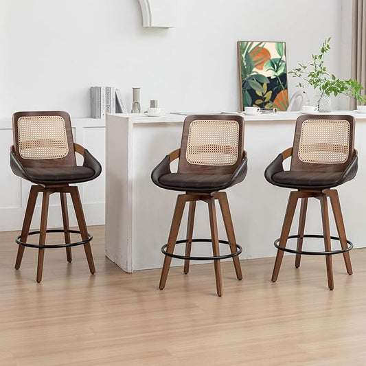 Set of 3 Bar Stools Counter Height - 26.4 inch Swivel Walnut Counter Stools with Cane Back, Upholstered Seat, Curved Arms, Rattan Counter Stools for Island/Pub/Kitchen/Cafe (26" Seat Height, Brown)