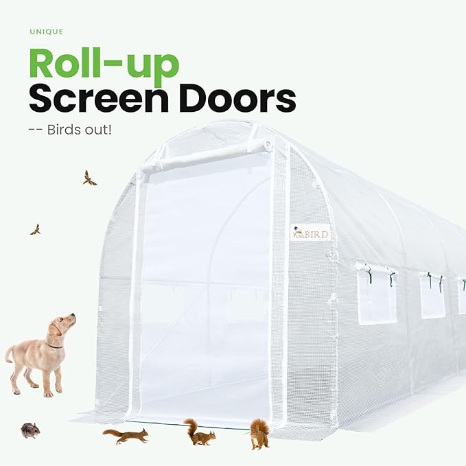 KING BIRD Premium 15x6.6x6.6FT Greenhouse for Outdoors, Large Walk-in Heavy Duty Galvanized Steel Frame, Mesh Door Screen Window Upgraded Zipper Tunnel Hoop for Garden Plant Winter, White