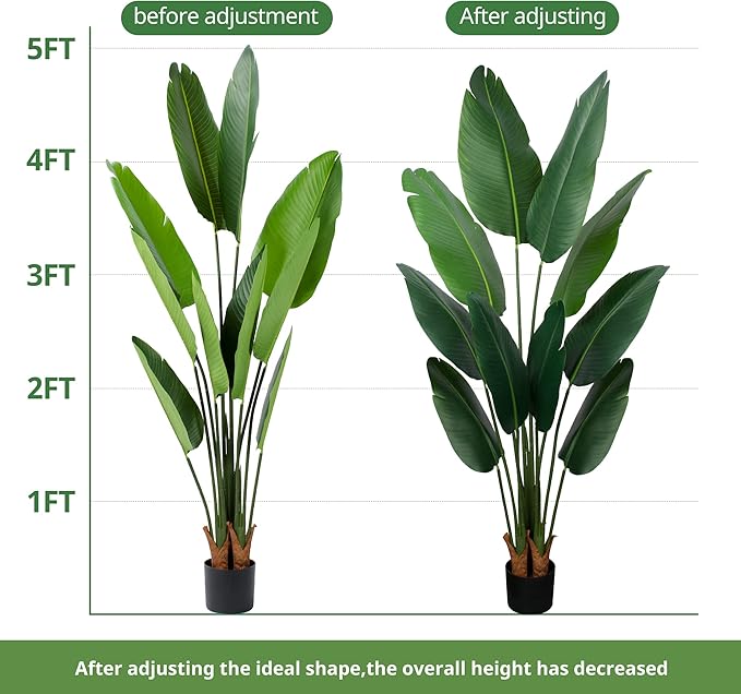 Artificial Bird of Paradise Plant 5 Ft Tall Fake Banana Leaf Plant for Indoors and Outdoors,Faux Palm Tree with Plastic Pot for Office and Home Decor,L1602PCS